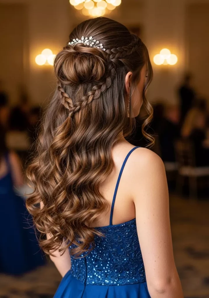 Elegant Half Up Curly Prom Hairstyle with Side Braids