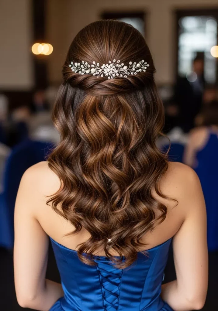 Chic Half Up Curly Prom Hairstyle with Soft Waves