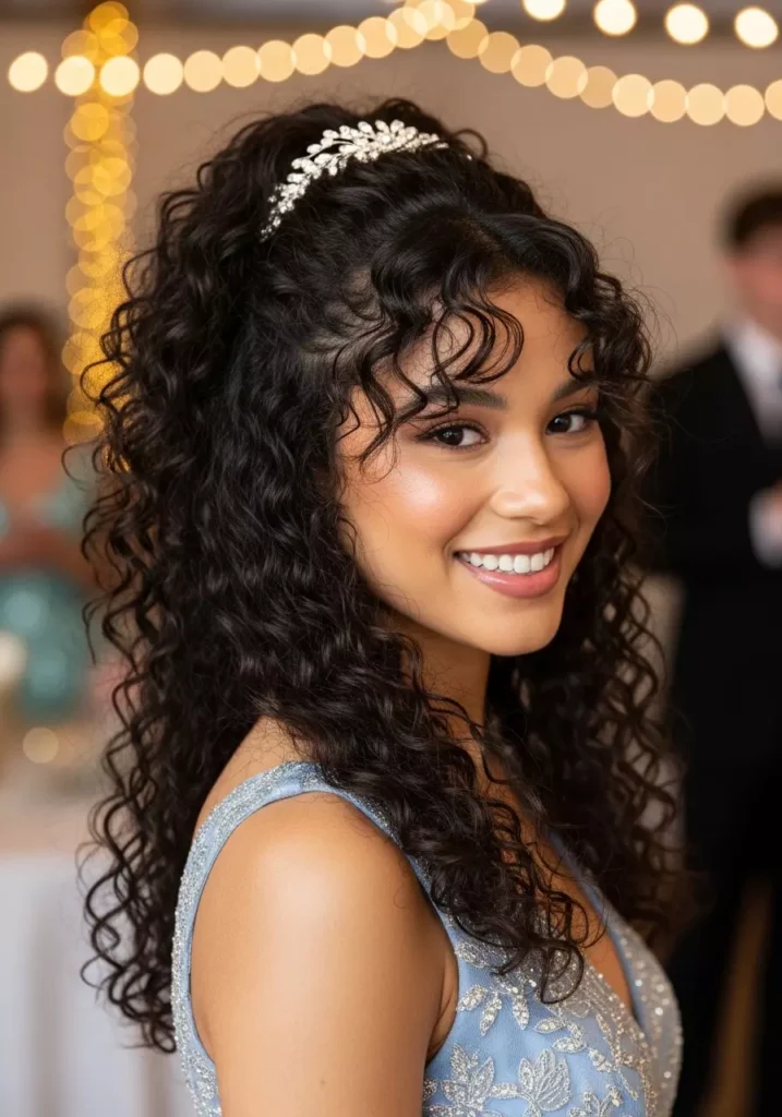 Cute Half Up Curly Prom Hairstyle with Curtain Bangs
