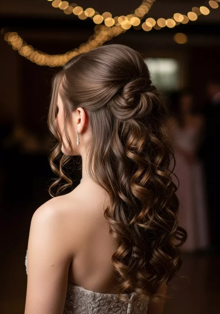 Half Up Curly Prom Hairstyle with Loose Face Framing Curls