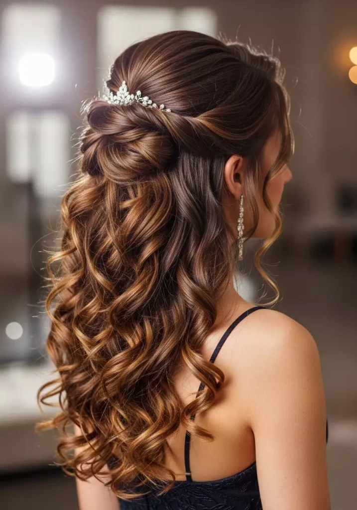 Modern Half Up Curly Prom Hairstyle with Twist Detail