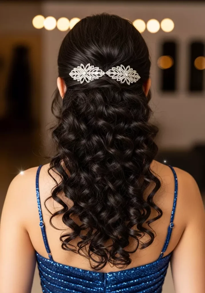 Half Up Half Down Curly Prom Hairstyle with Sparkly Clips