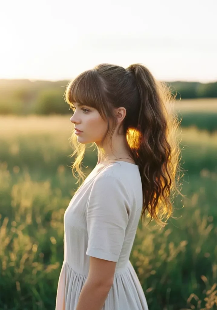 Wavy Hair Bangs Ponytail