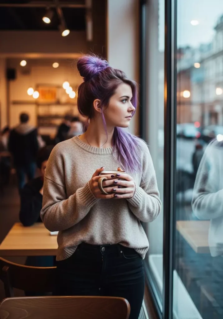 Messy Bun with Purple Hair