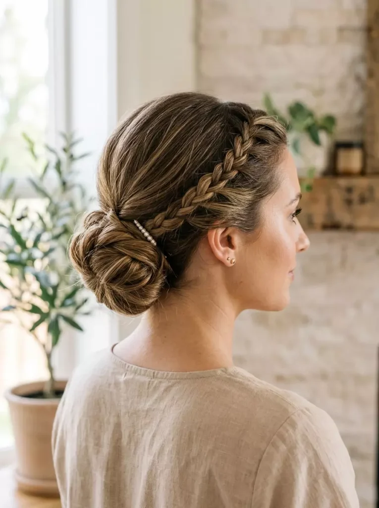 Low Twisted Bun with Braid Accent