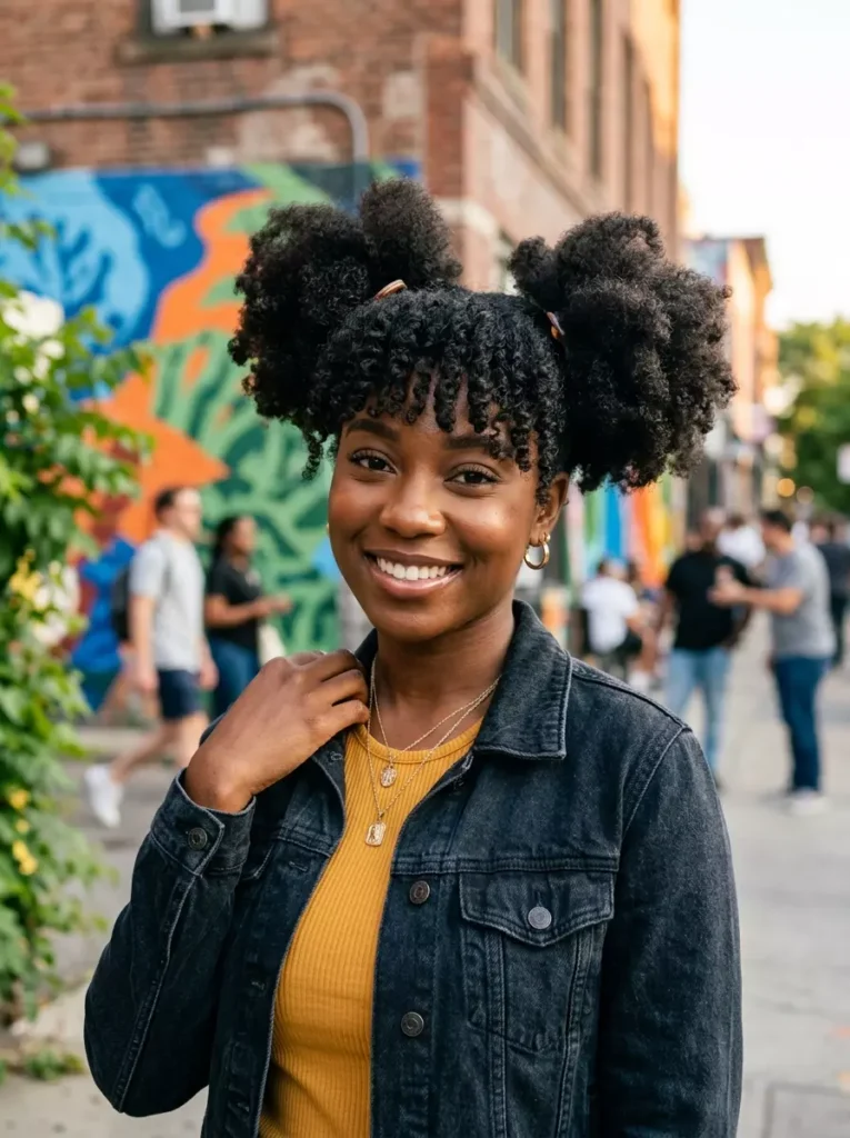 Afro Puffs with Bangs Hairstyle Inspiration