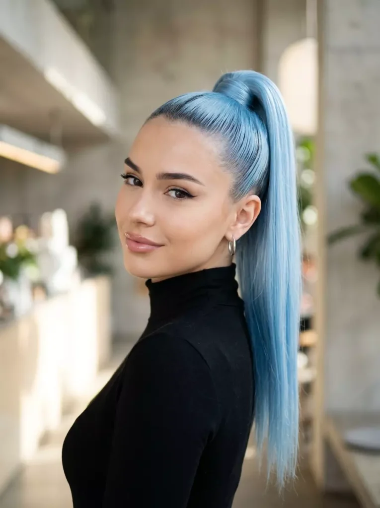 Baby Blue Sleek Ponytail Look