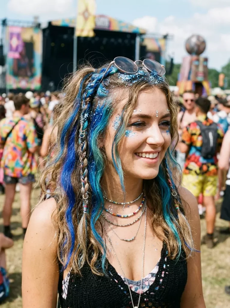 Blue Glitter Highlight Festival Hair