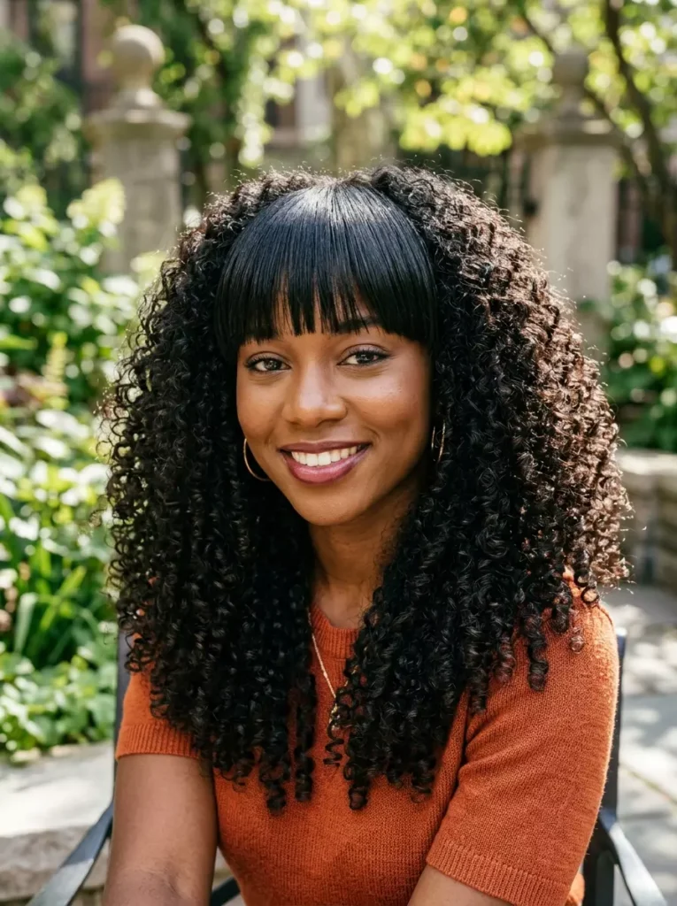 Tight Curls with Straight Bangs