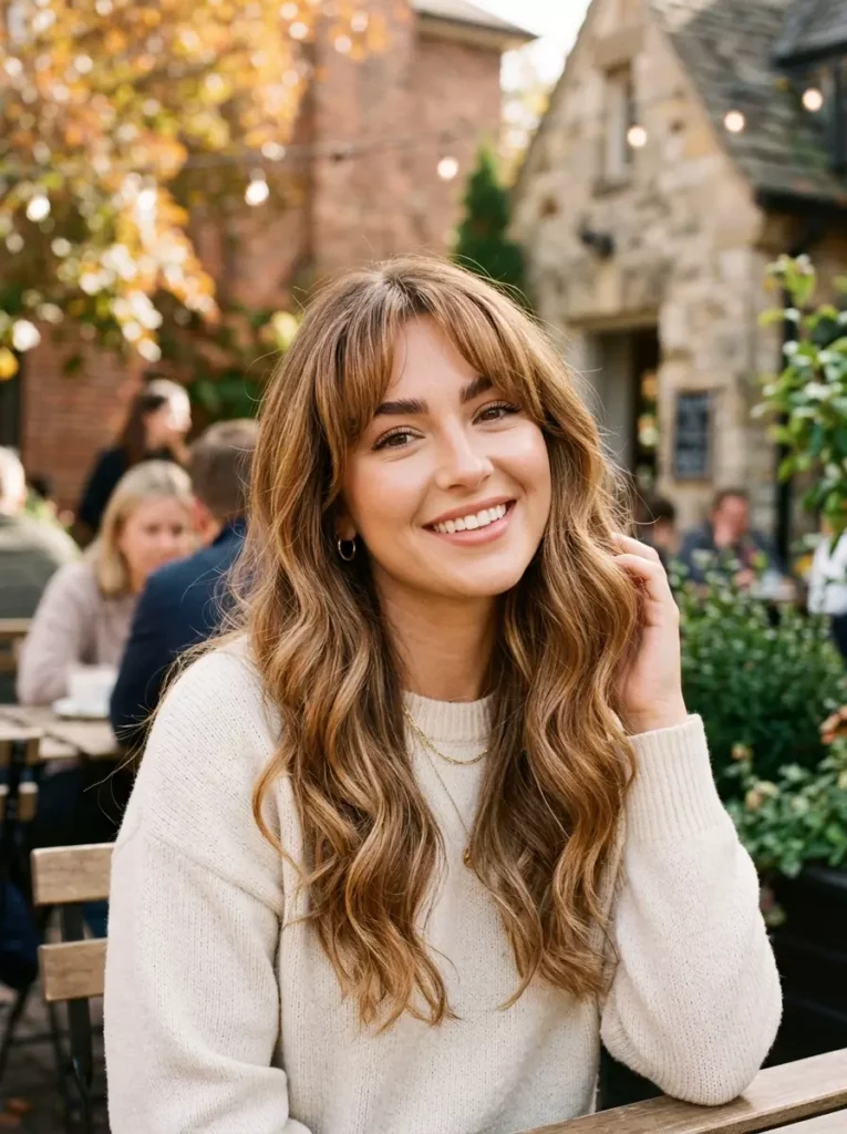 Warm Balayage and Arched Bangs