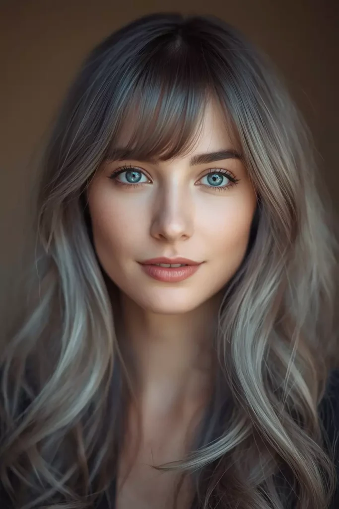 Long Gray Hair with Wispy Bangs