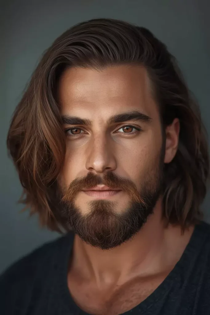 Rugged Wolf Cut with Beard and Long Layers