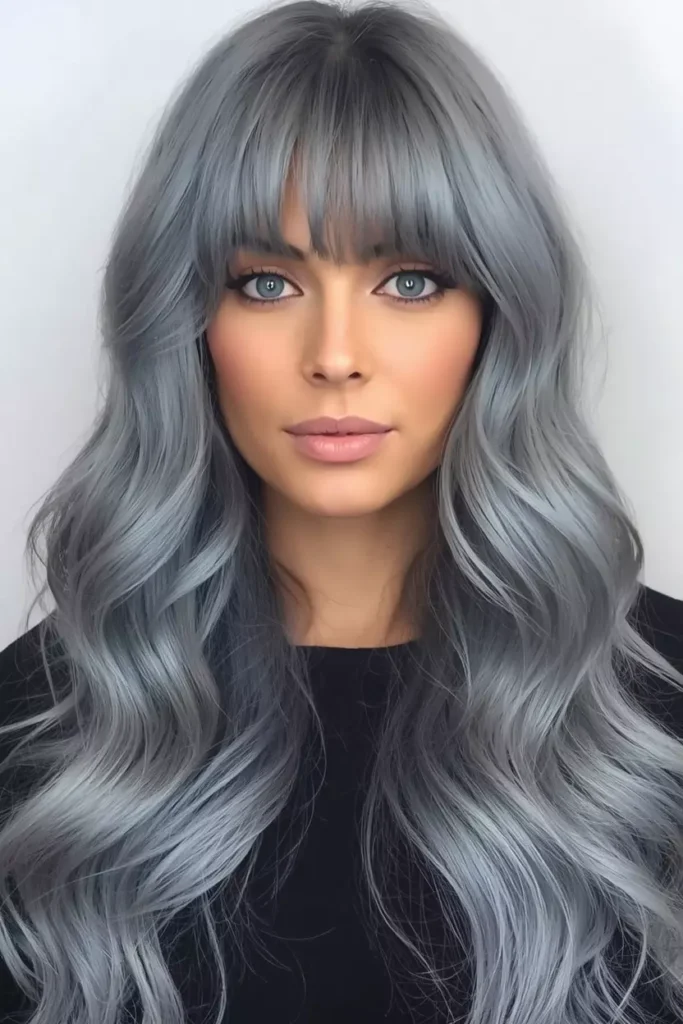 Long Gray Hair with Curtain Bangs